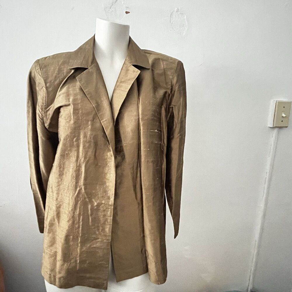 80s Silk Shirt Jacket Sz L Bronze Evening Glam Cocktail Party Quiet Luxury USA